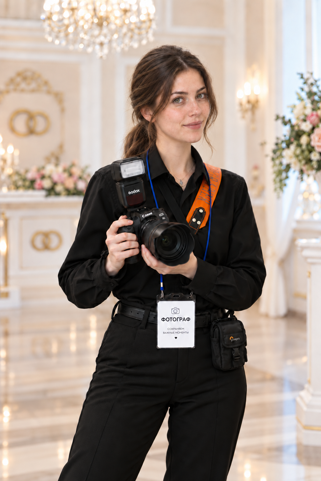 Фотограф в чёрной деловой одежде с камерой, вспышкой и бейджем